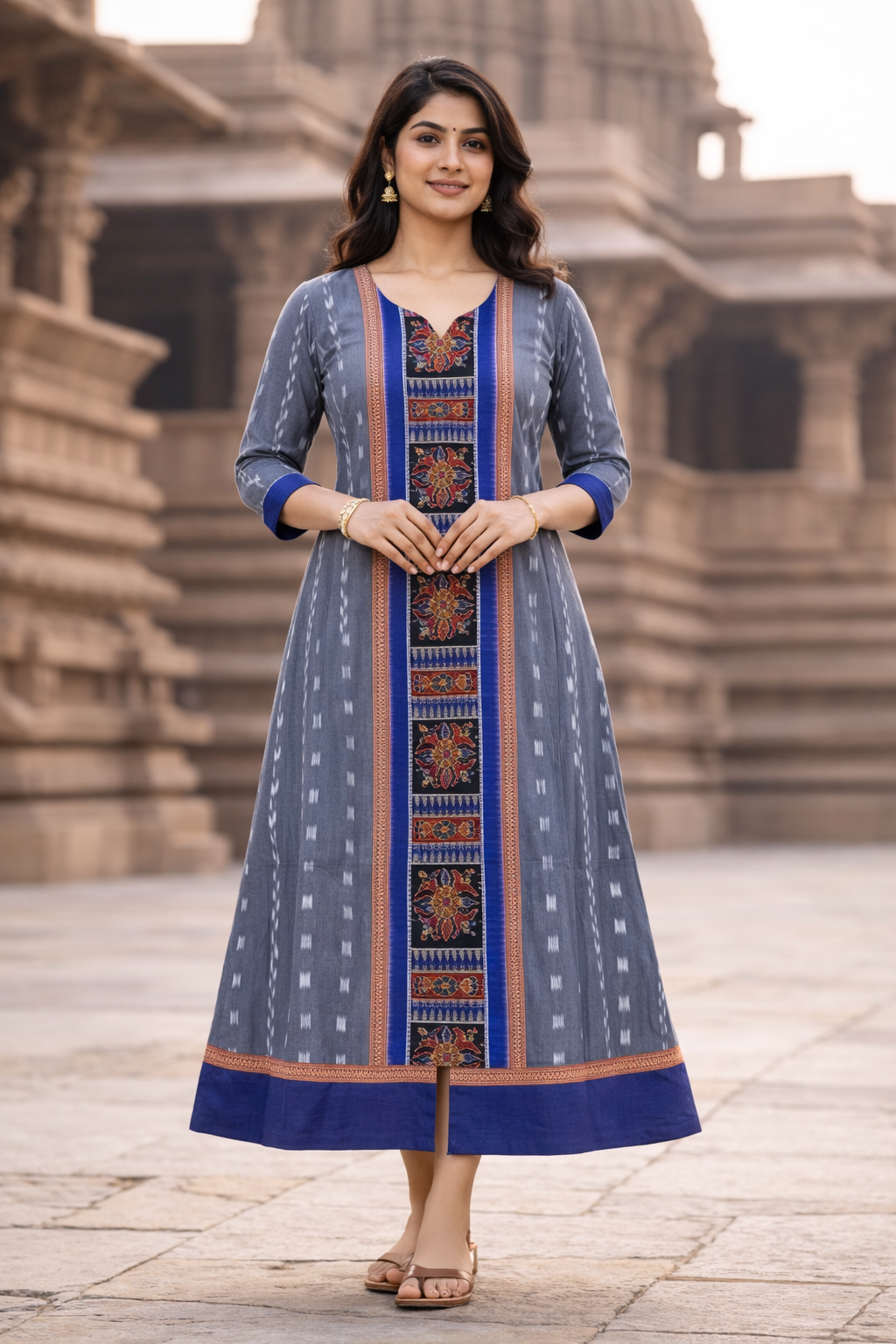Sambalpuri Utkal Laxmi Heritage Gown – Blue Red Flower design Ikat Gown with Grey side cloth Edition