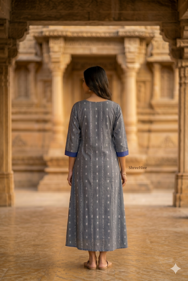 Sambalpuri Utkal Laxmi Heritage Gown – Blue Red Flower design Ikat Gown with Grey side cloth Edition
