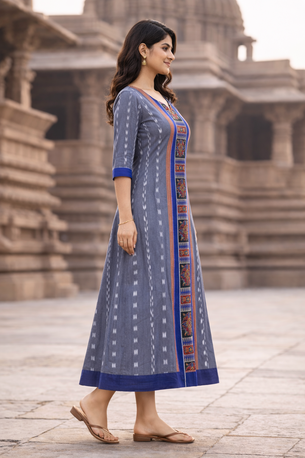 Sambalpuri Utkal Laxmi Heritage Gown – Blue Red Flower design Ikat Gown with Grey side cloth Edition