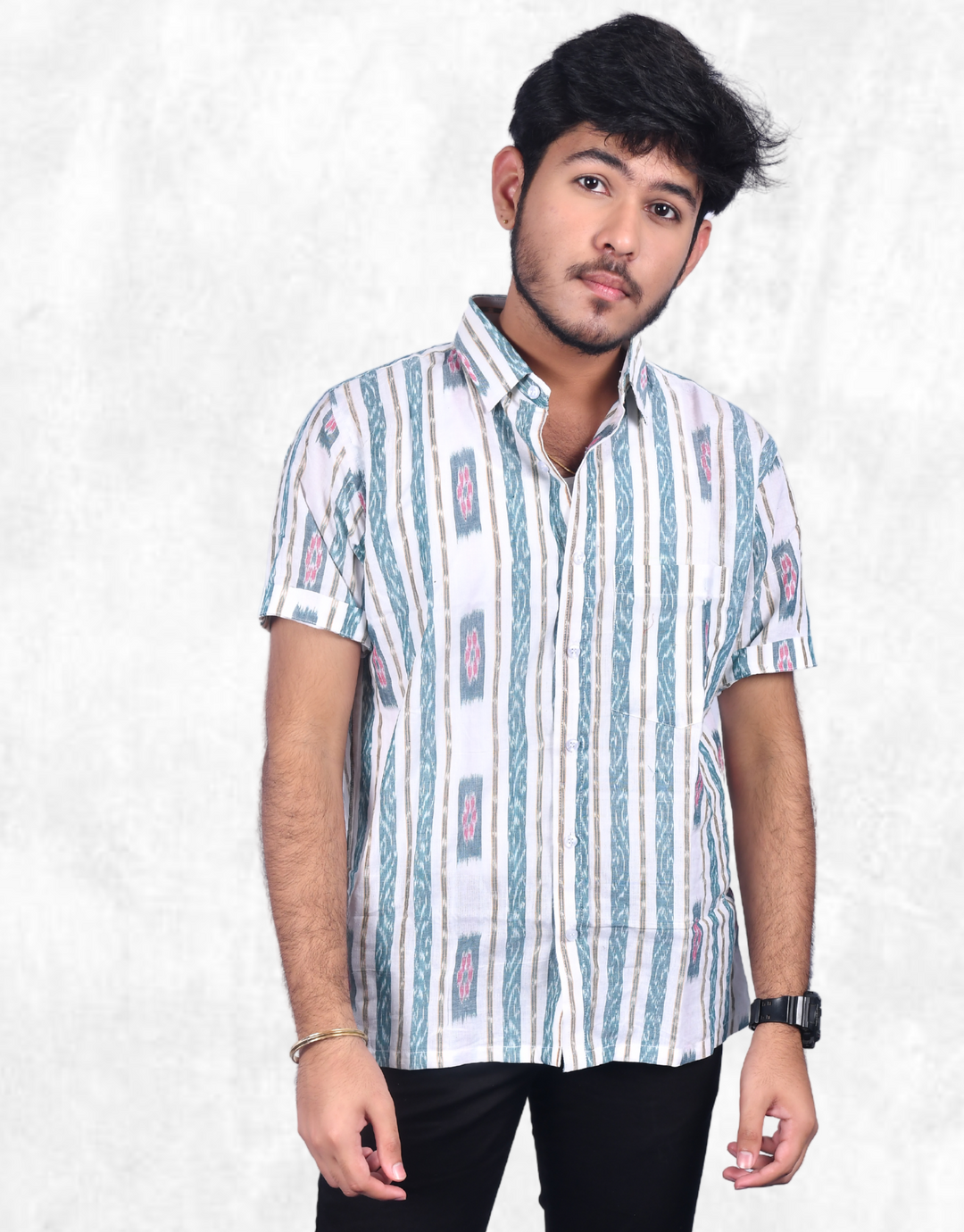 Sambalpuri Men's Cotton Half-sleeve Shirt in Off-White & Green